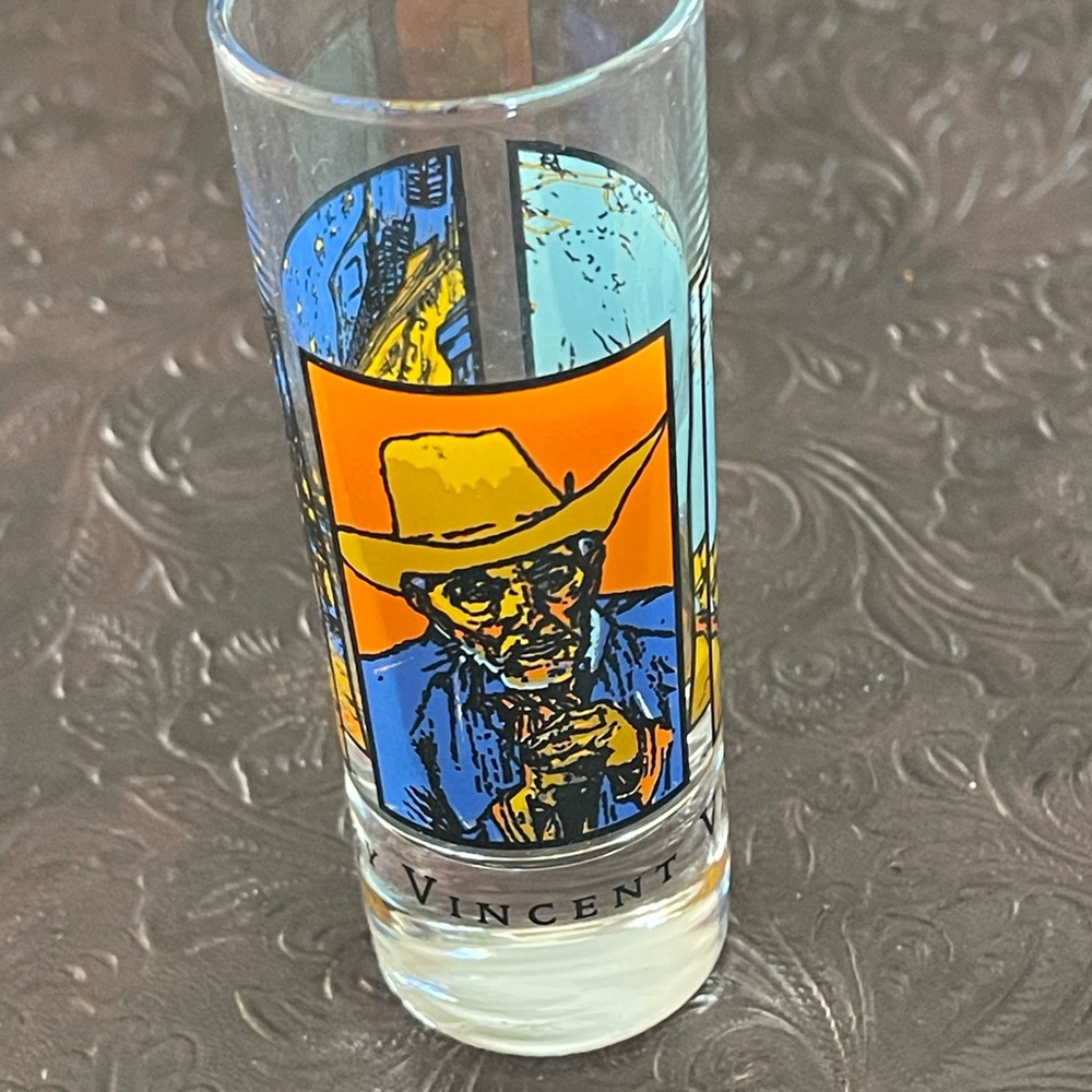 Vince Van Gogh Art shot Glass with Blue and Orange Accents